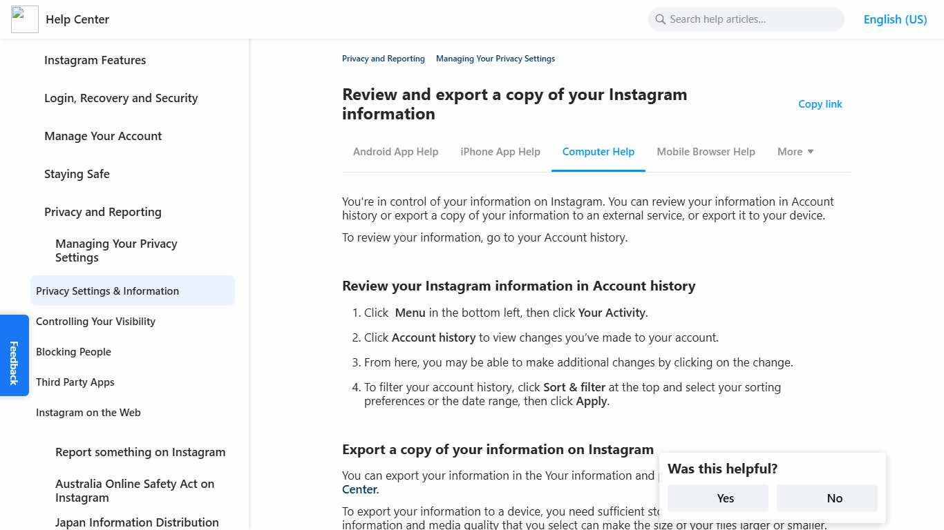Review and export a copy of your Instagram information Instagram Help Center